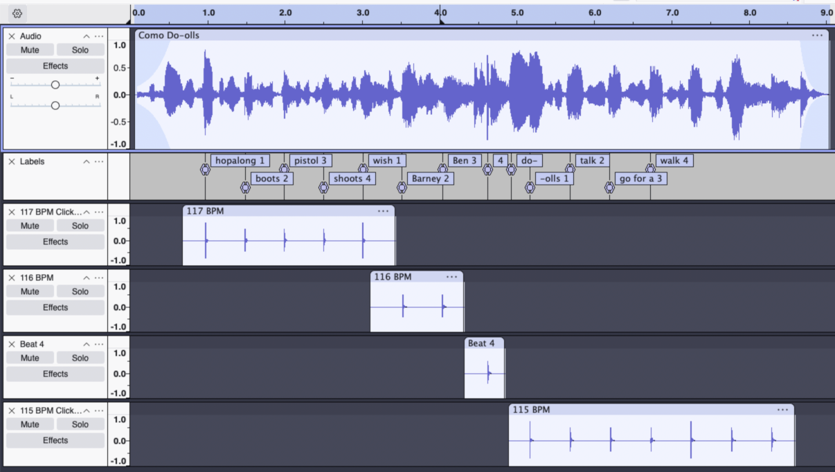 Screenshot of an Audacity window, where the waveforms of the Como recording have been manually tagged with beats, and a special marker for where the word dolls begins.